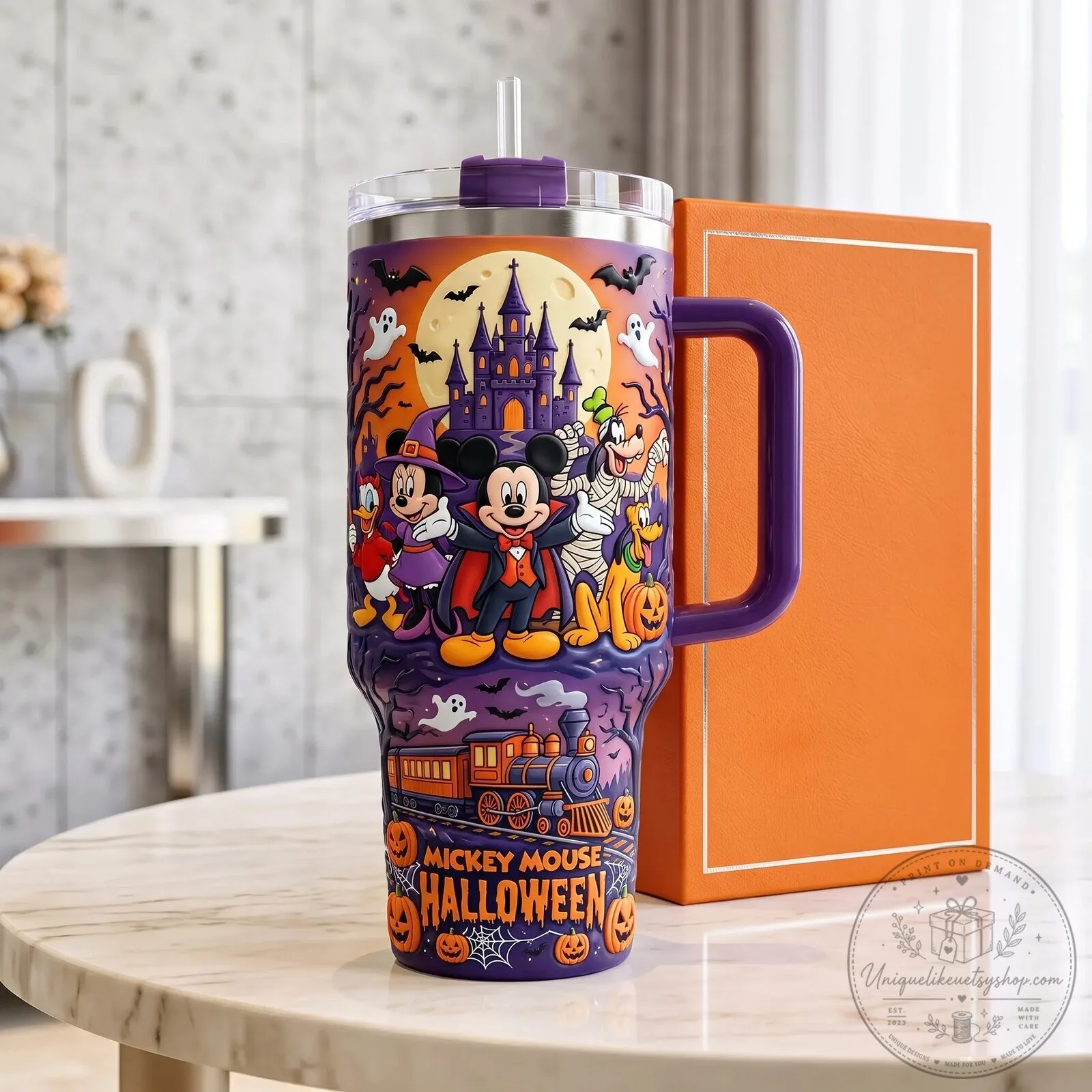 Mickey Mouse Halloween Castle Spooky Friends Purple Tumbler with Handle 4 Mickey Mouse Halloween Castle Spooky Friends Purple Tumbler with Handle