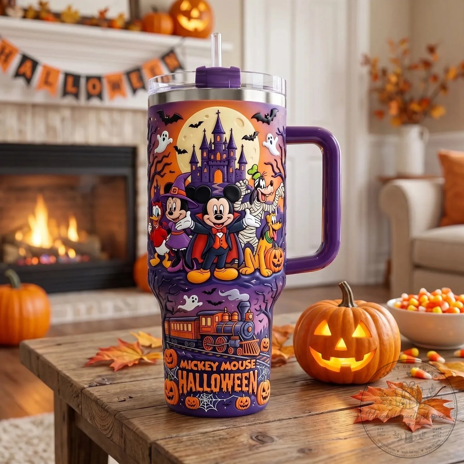 Mickey Mouse Halloween Castle Spooky Friends Purple Tumbler with Handle 5 Mickey Mouse Halloween Castle Spooky Friends Purple Tumbler with Handle