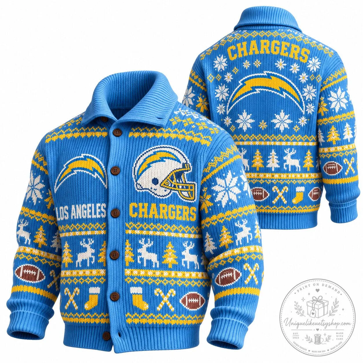 Knit Cardigan for Christmas with Los Angeles Chargers Ugly Sweater Design