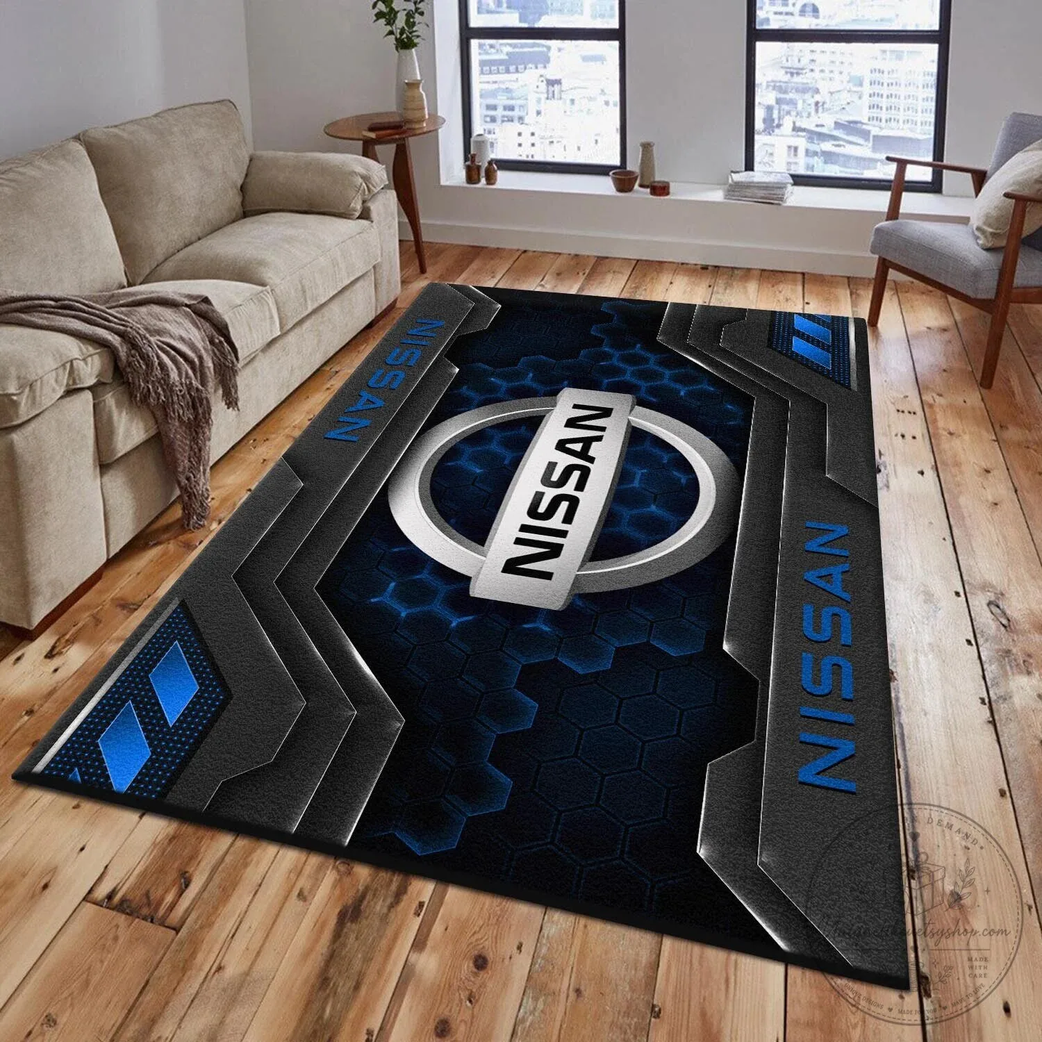 Nissan Car Logo Blue Hexagon Pattern Personalized Floor Mat