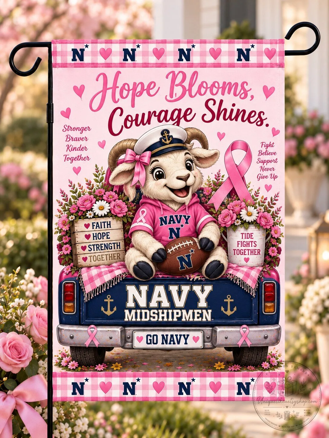 Navy Midshipmen Breast Cancer Awareness Hope Blooms Courage Shines Flag