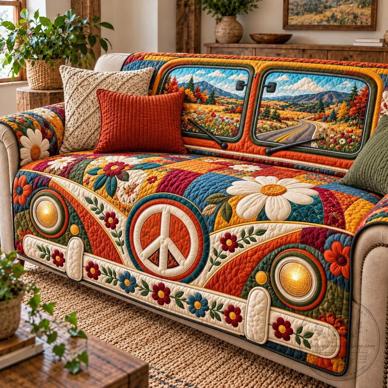 Bohemian Hippie Van Quilted Sofa Slipcover for Living Room Couch Decor
