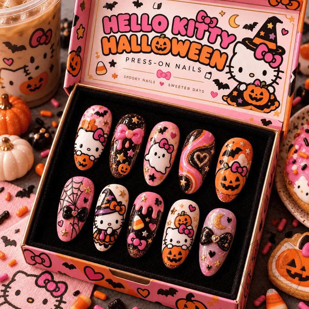 Hello Kitty Halloween Pumpkins and Bows Spooky Press-On Nails Set Hello Kitty Halloween Pumpkins and Bows Spooky Press-On Nails Set
