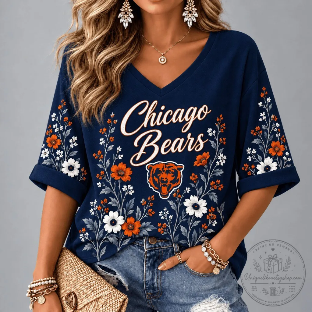 Chicago Bears Floral Garden V-Neck T-Shirt for Women Chicago Bears Floral Garden V-Neck T-Shirt for Women