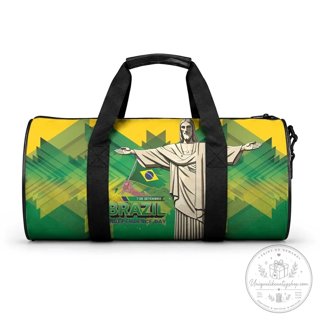 Brazil Independence Day Christ The Redeemer Green Yellow Geometric Duffle Bag