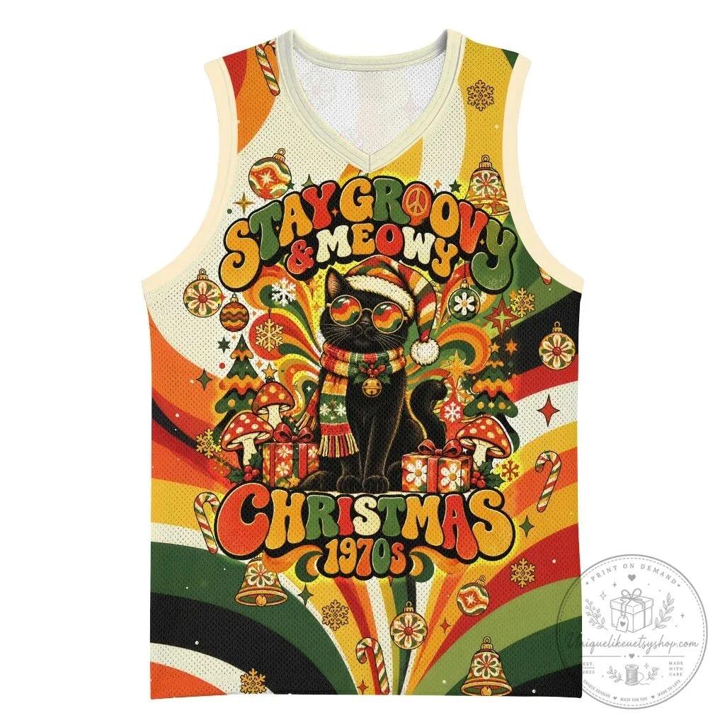 Stay Groovy And Meowy Christmas 1970s Black Cat Holiday Basketball Jersey