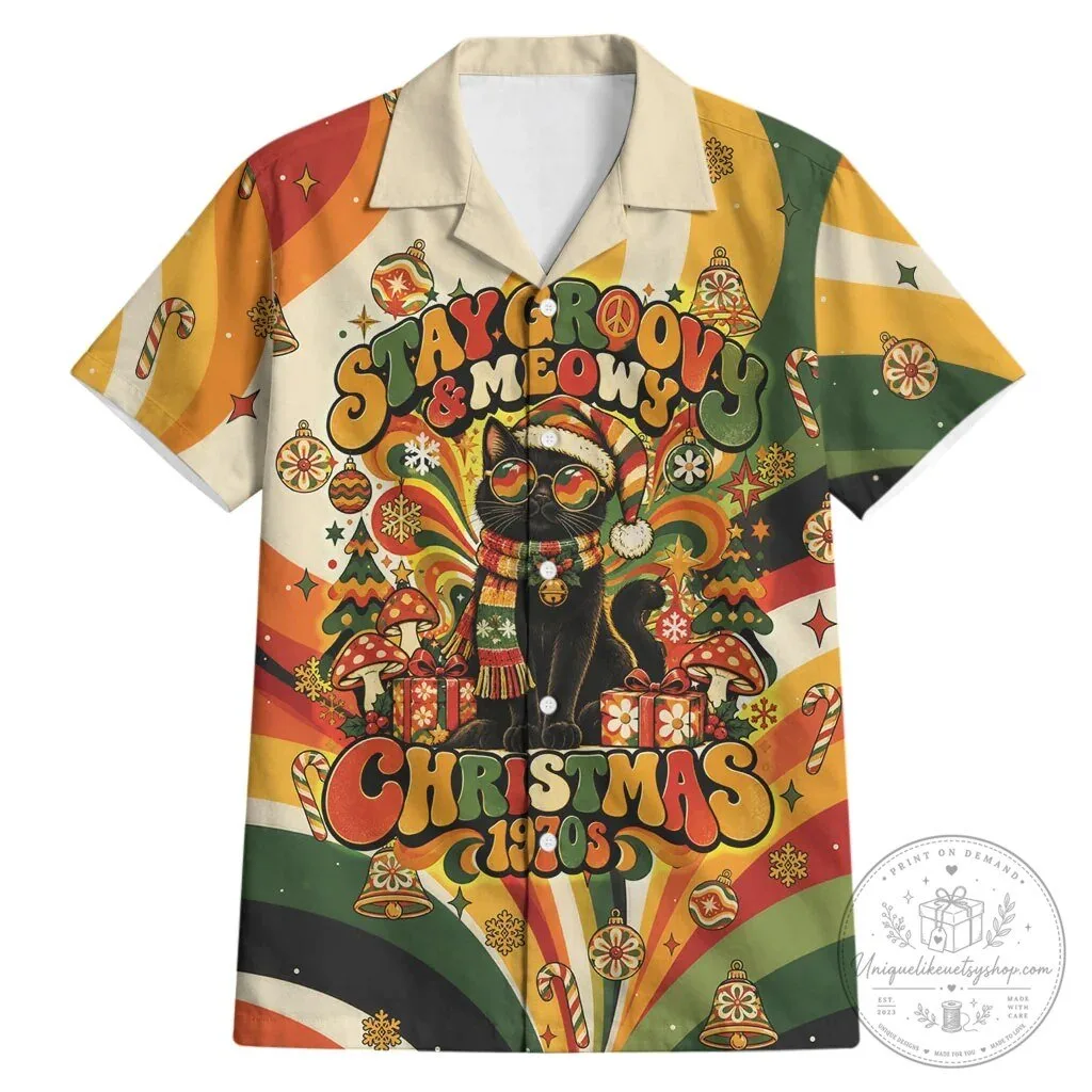 Stay Groovy Meowy Christmas Black Cat Retro 1970s Holiday Hawaiian Shirt