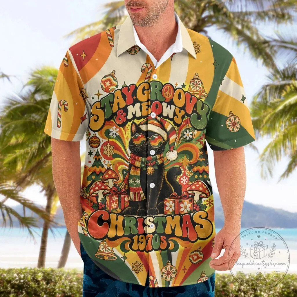 Stay Groovy Meowy Christmas Black Cat Retro 1970s Holiday Hawaiian Shirt 8 Stay Groovy Meowy Christmas Black Cat Retro 1970s Holiday Hawaiian Shirt