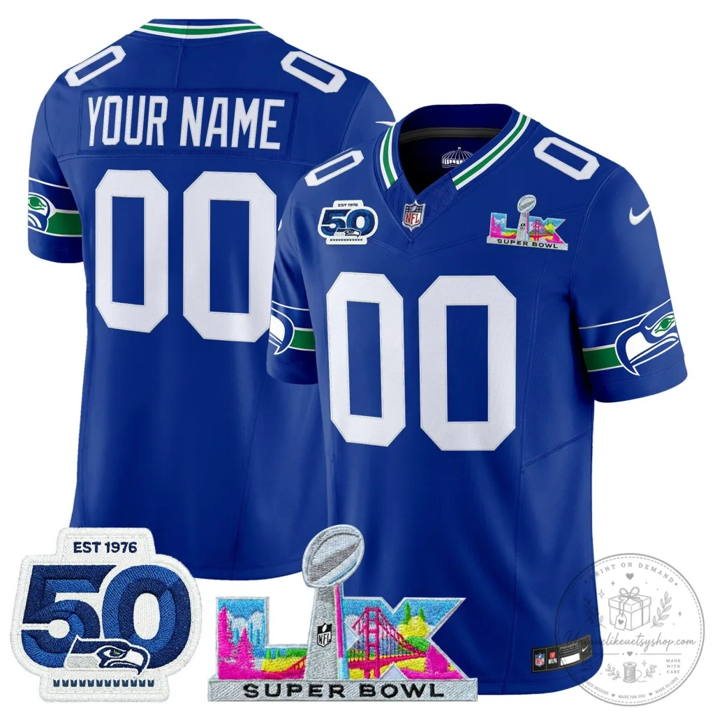 Custom Football Jersey with 50th Anniversary Patch for Super Bowl LX - Seattle Seahawks Custom Football Jersey with 50th Anniversary Patch for Super Bowl LX - Seattle Seahawks