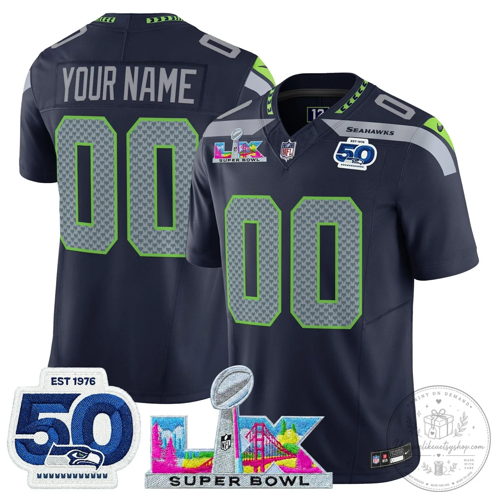 Custom Football Jersey with 50th Anniversary Patch for Super Bowl LX - Seattle Seahawks 5 Custom Football Jersey with 50th Anniversary Patch for Super Bowl LX - Seattle Seahawks