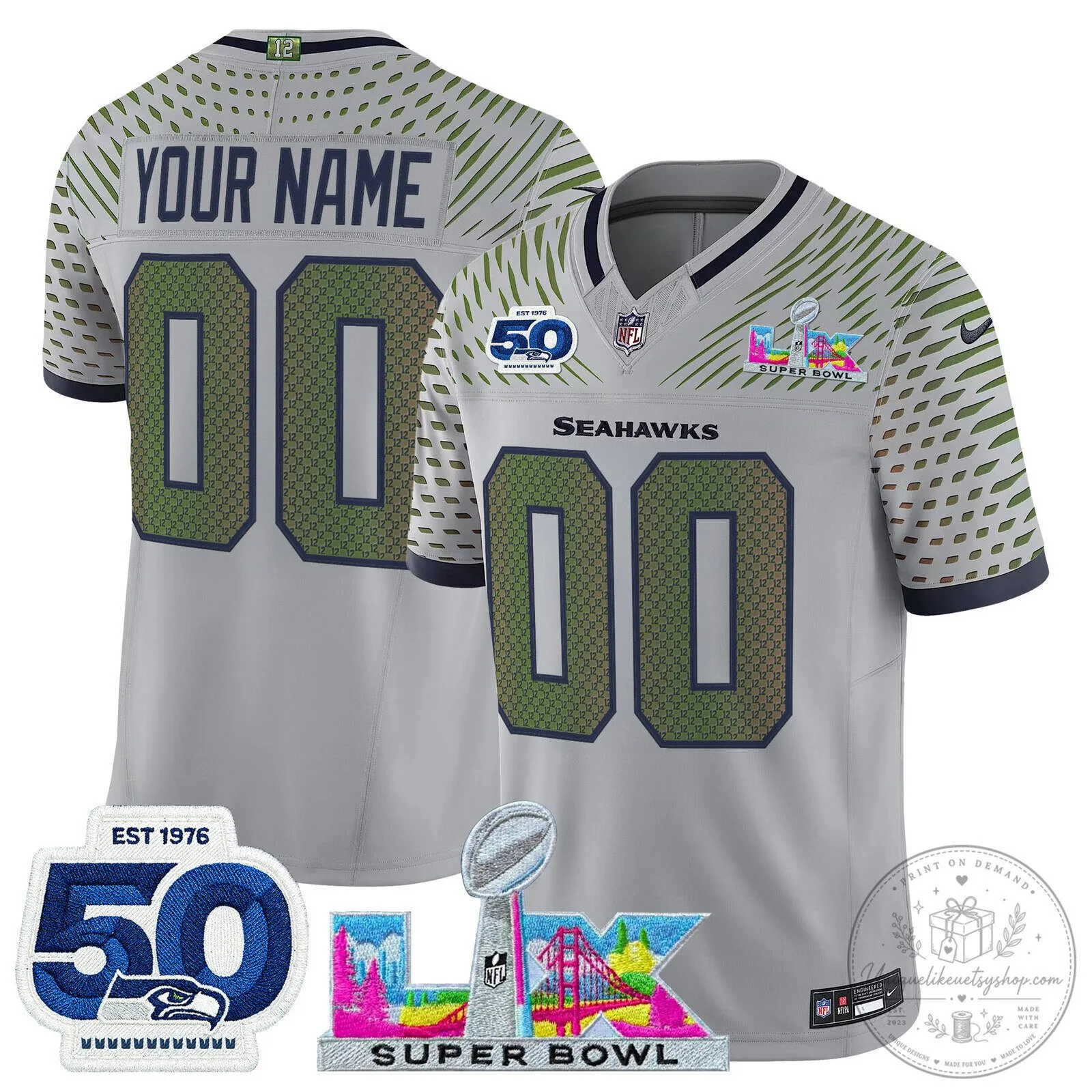 Custom Football Jersey with 50th Anniversary Patch for Super Bowl LX - Seattle Seahawks 6 Custom Football Jersey with 50th Anniversary Patch for Super Bowl LX - Seattle Seahawks