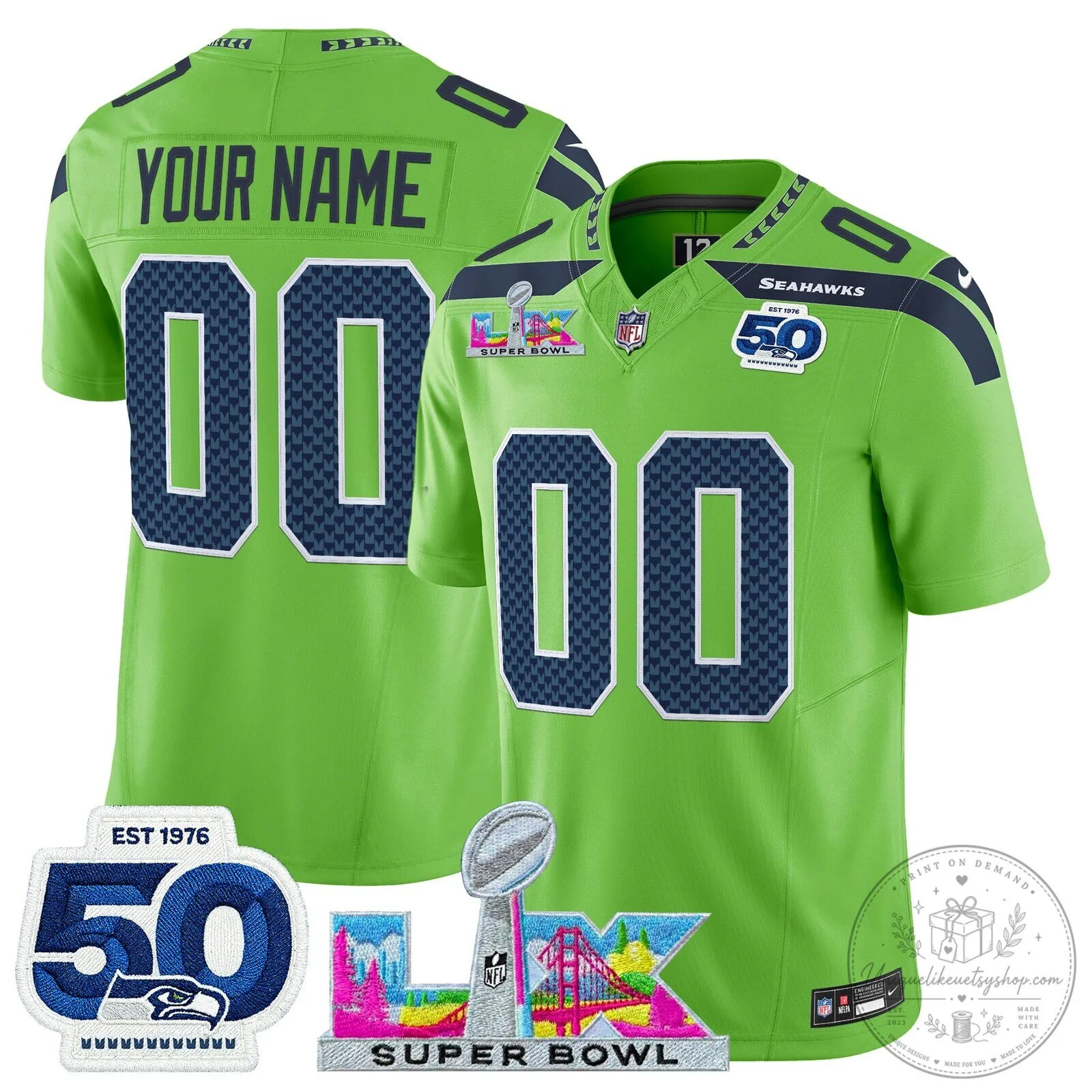 Custom Football Jersey with 50th Anniversary Patch for Super Bowl LX - Seattle Seahawks 7 Custom Football Jersey with 50th Anniversary Patch for Super Bowl LX - Seattle Seahawks