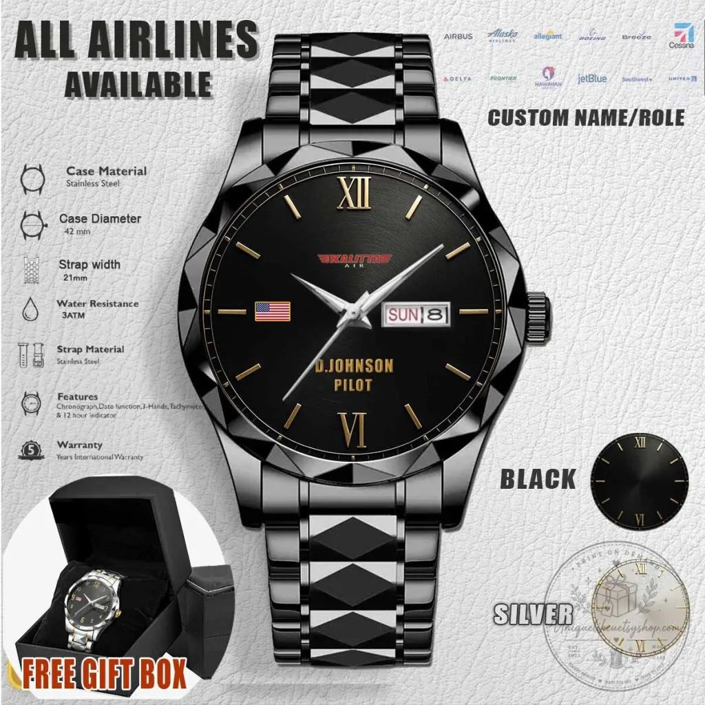 Kalitta Air Pilot Stainless Steel Watch with Custom Name and Role Kalitta Air Pilot Stainless Steel Watch with Custom Name and Role