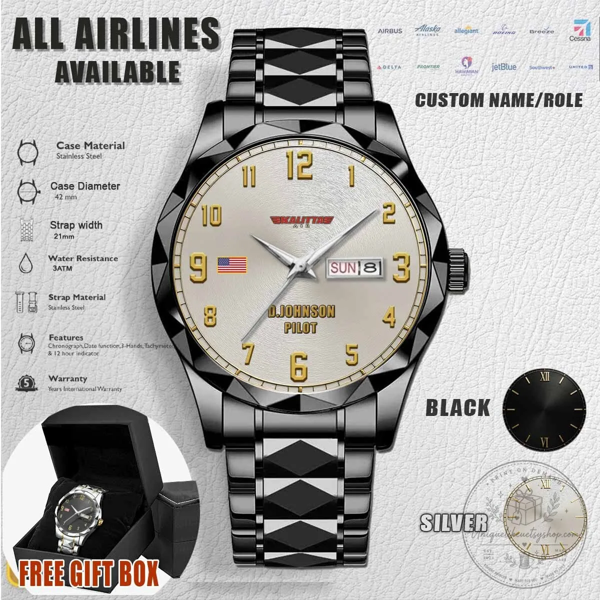 Kalitta Air Pilot Stainless Steel Watch with Custom Name and Role 4 Kalitta Air Pilot Stainless Steel Watch with Custom Name and Role