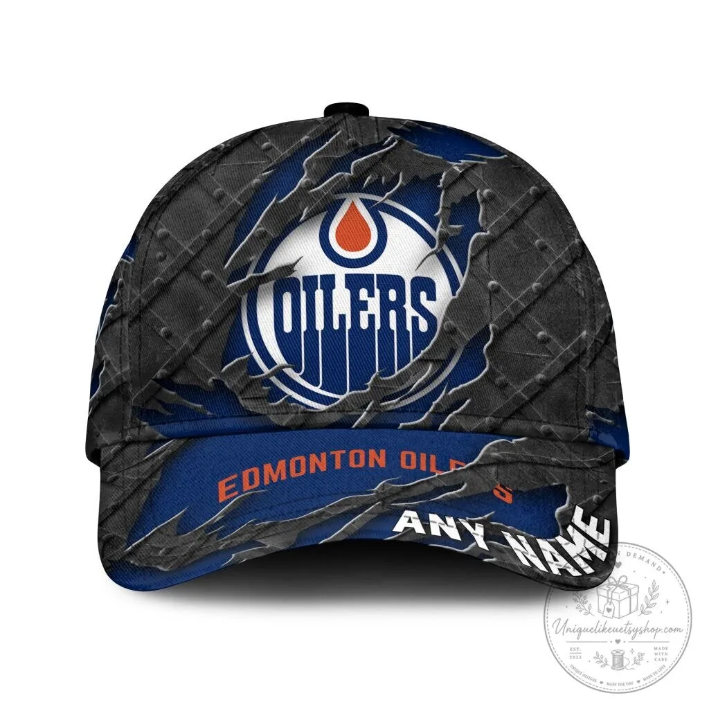 Edmonton Oilers Personalized Name Black Metal Design Classic Cap Hat