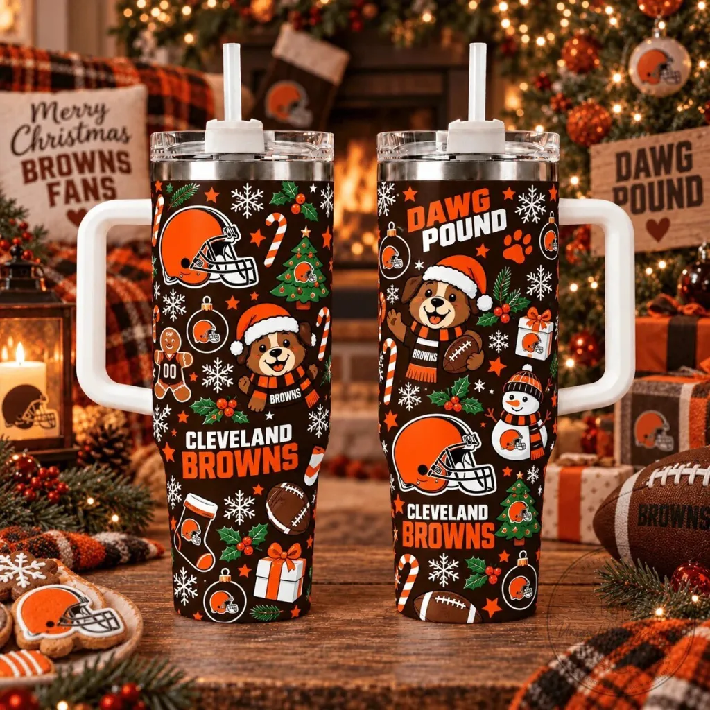 Cleveland Browns Christmas Dawg Pound NFL Football Tumbler with Handle Cleveland Browns Christmas Dawg Pound NFL Football Tumbler with Handle