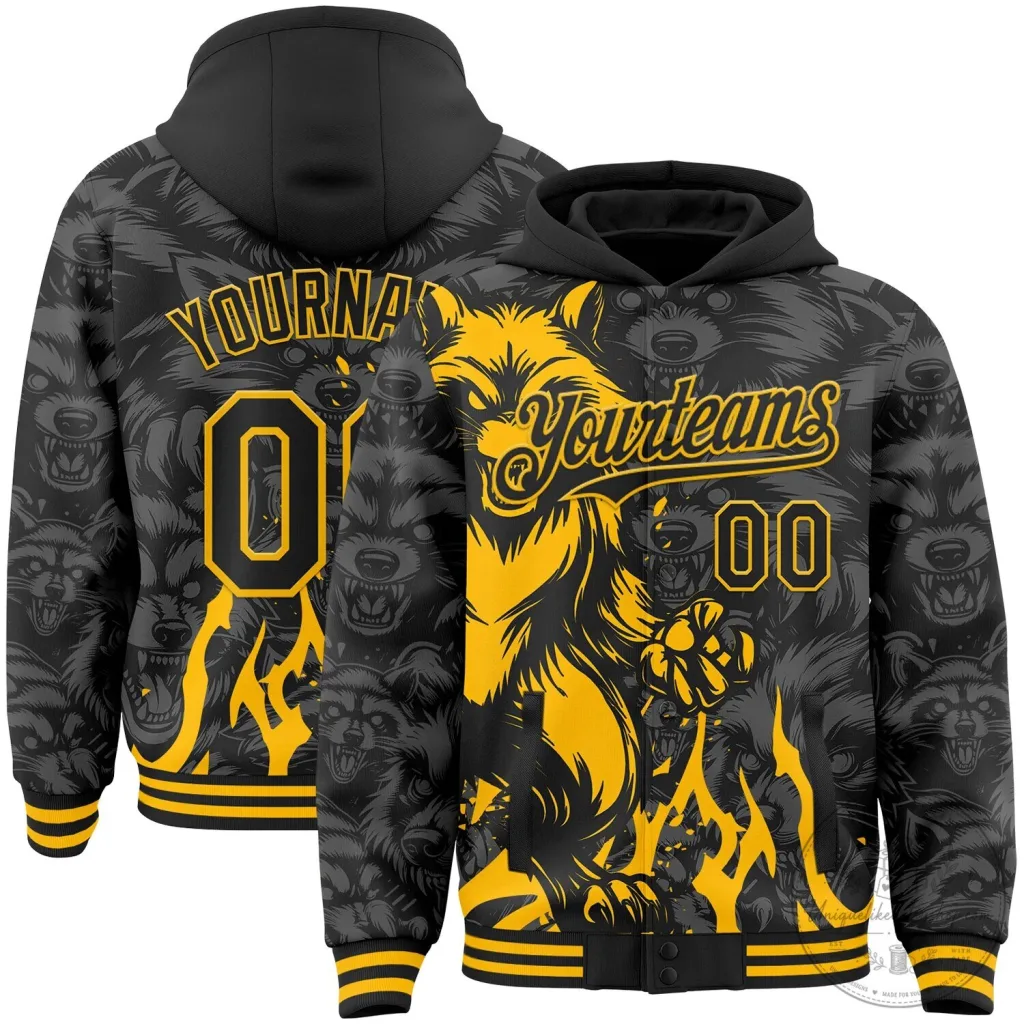 Custom Black and Gold Wolf Mascot Design Full-Snap Varsity Letterman Hoodie Jacket Custom Black and Gold Wolf Mascot Design Full-Snap Varsity Letterman Hoodie Jacket
