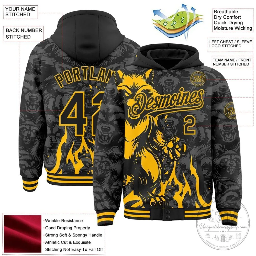 Custom Black and Gold Wolf Mascot Design Full-Snap Varsity Letterman Hoodie Jacket 9 Custom Black and Gold Wolf Mascot Design Full-Snap Varsity Letterman Hoodie Jacket