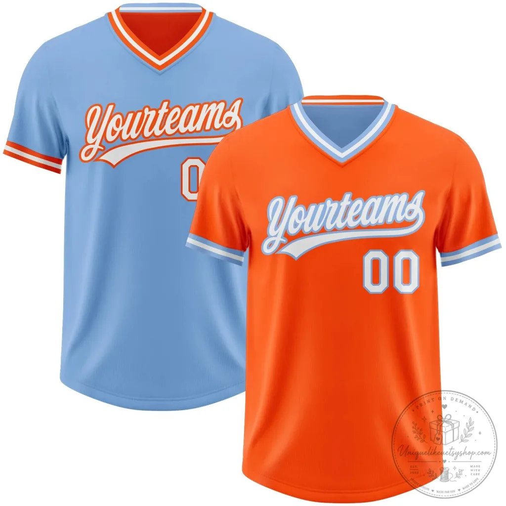 Custom Orange Light Blue Reversible Baseball Team Jersey with V-Neck Custom Orange Light Blue Reversible Baseball Team Jersey with V-Neck