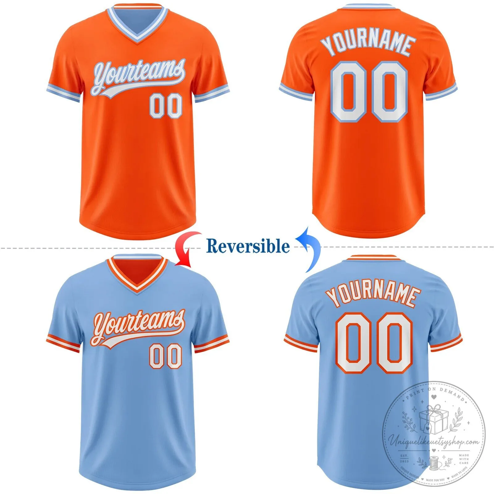 Custom Orange Light Blue Reversible Baseball Team Jersey with V-Neck 8 Custom Orange Light Blue Reversible Baseball Team Jersey with V-Neck