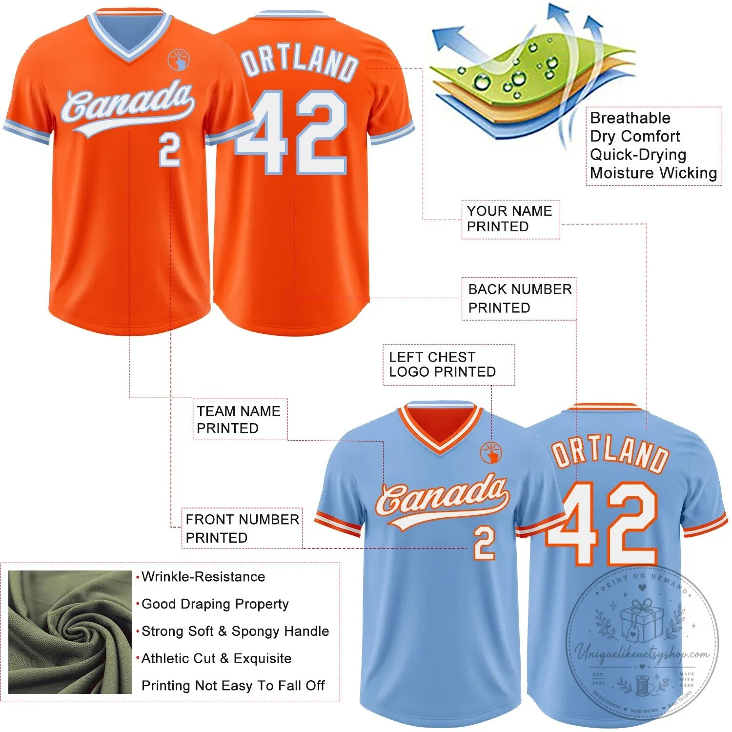 Custom Orange Light Blue Reversible Baseball Team Jersey with V-Neck 11 Custom Orange Light Blue Reversible Baseball Team Jersey with V-Neck