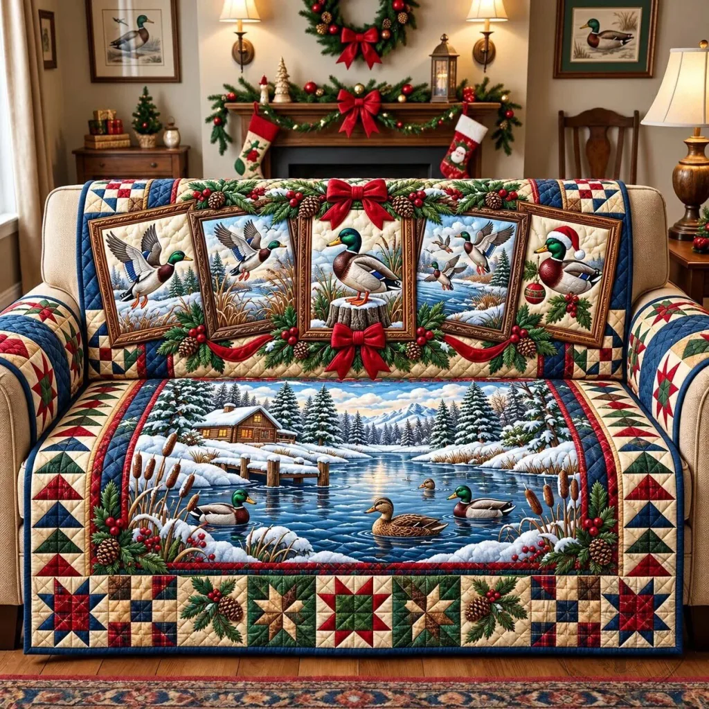 Mallard Duck Winter Wonderland Quilted Sofa Cover for Living Room Decor Mallard Duck Winter Wonderland Quilted Sofa Cover for Living Room Decor