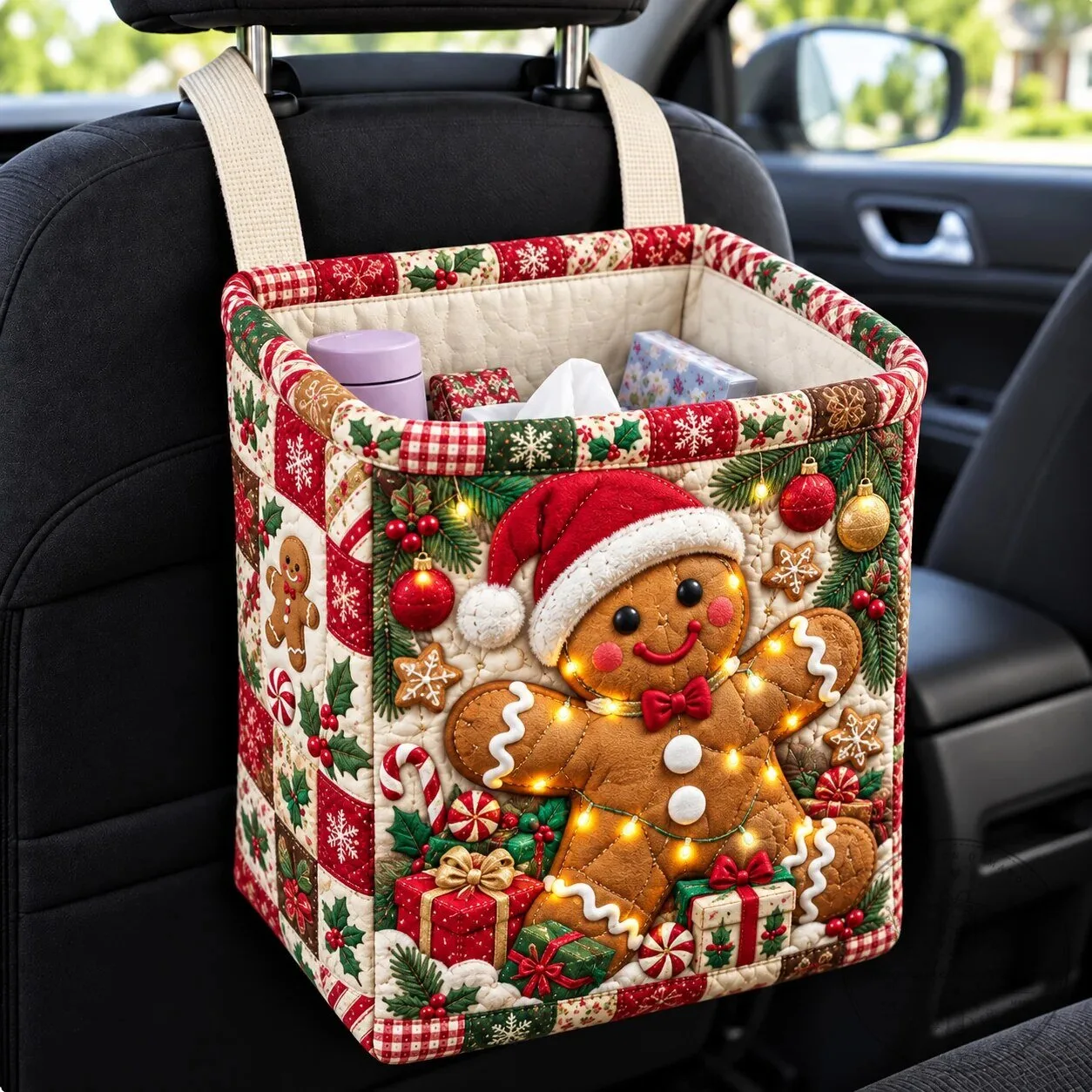 Gingerbread Man Christmas Lights Quilted Car Storage Basket Organizer