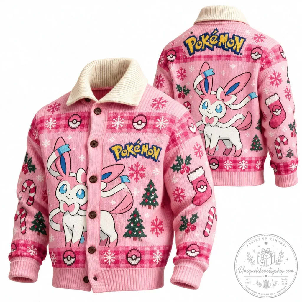 Pokemon Sylveon Christmas Holiday Knit Cardigan Sweater Pokemon Sylveon Christmas Holiday Knit Cardigan Sweater