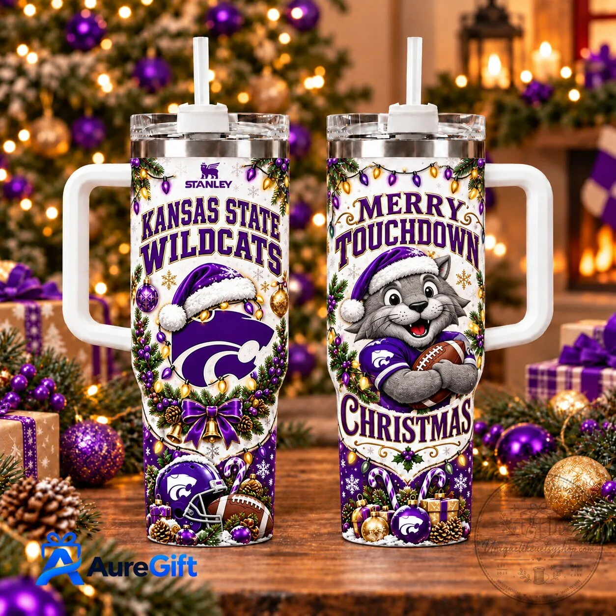 Kansas State Wildcats Merry Touchdown Christmas Holiday Stainless Steel Tumbler