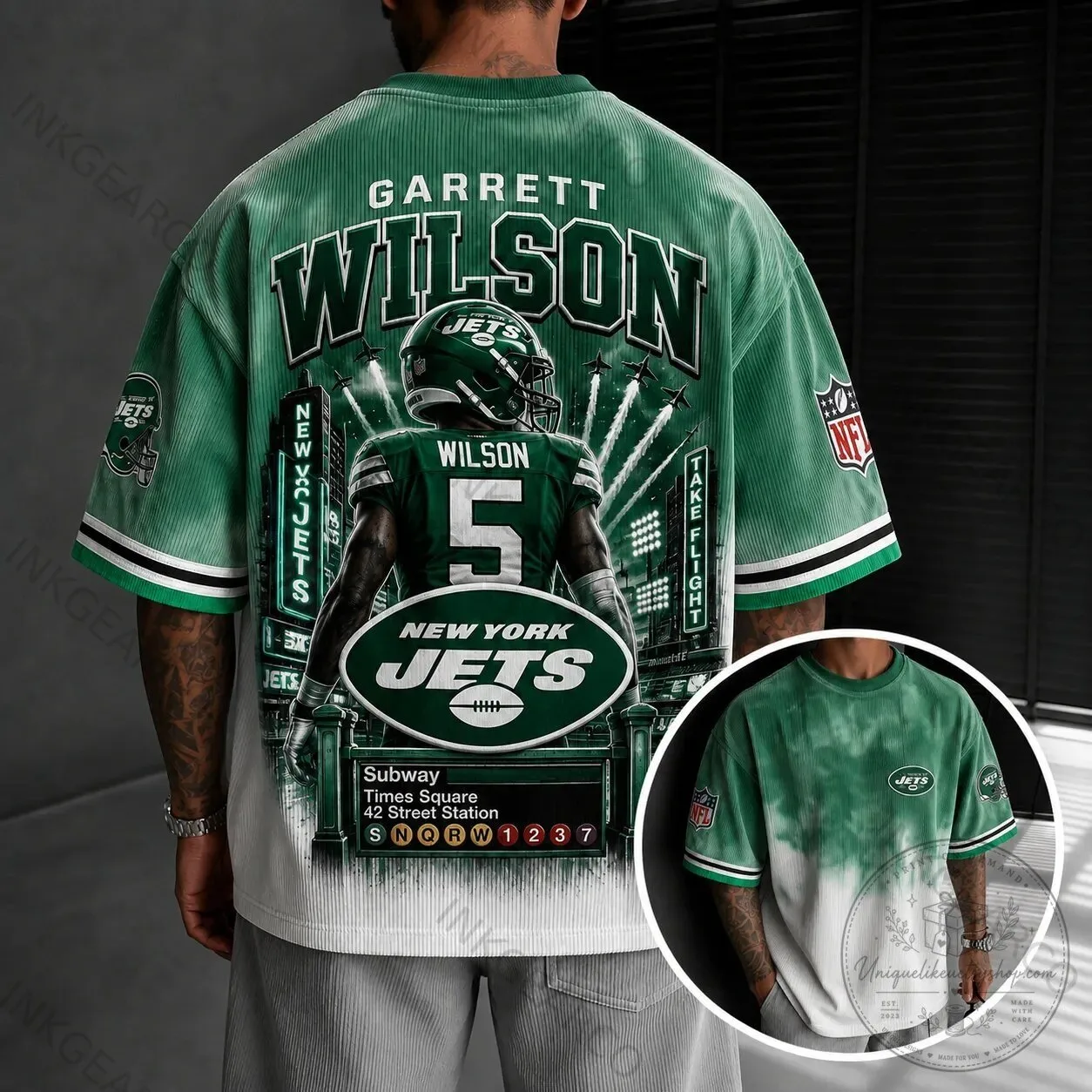Oversized Tie-Dye T-Shirt in Green Featuring Garrett Wilson and the New York Jets Football Team 1 Oversized Tie-Dye T-Shirt in Green Featuring Garrett Wilson and the New York Jets Football Team