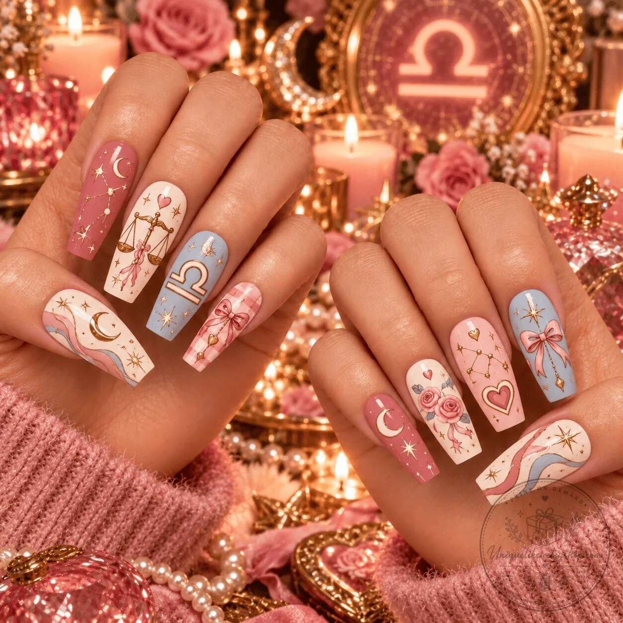 Libra Zodiac Sign Coquette Celestial Pink Blue Press-On Nails Set