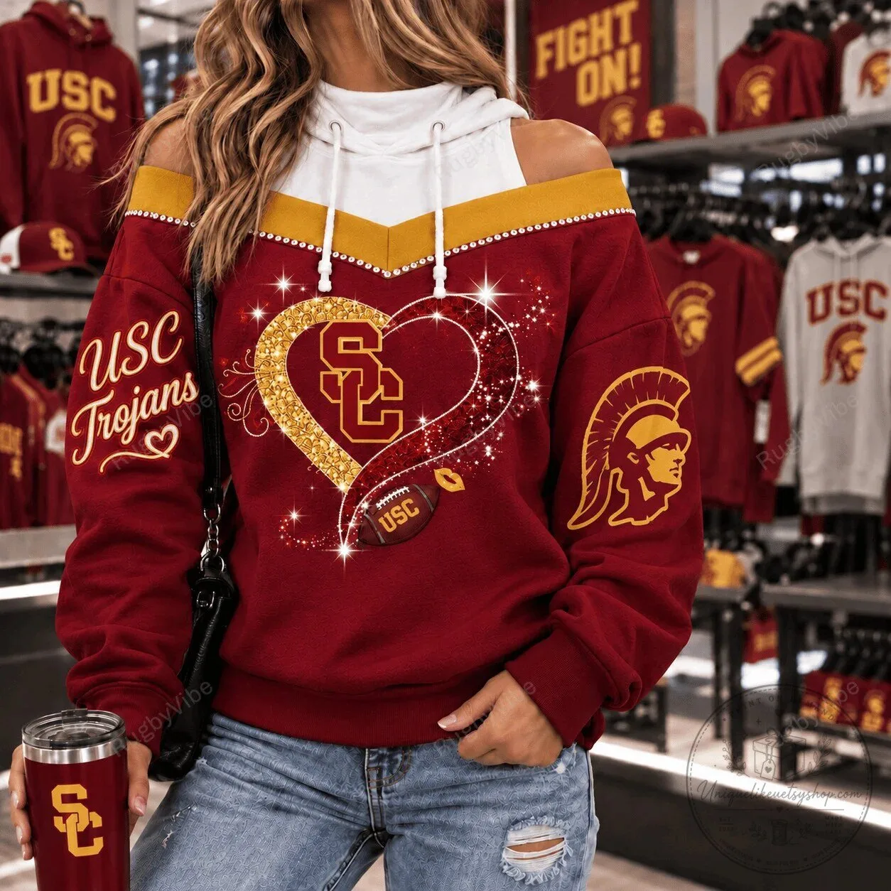 USC Trojans Football Glitter Heart Off-Shoulder Hoodie
