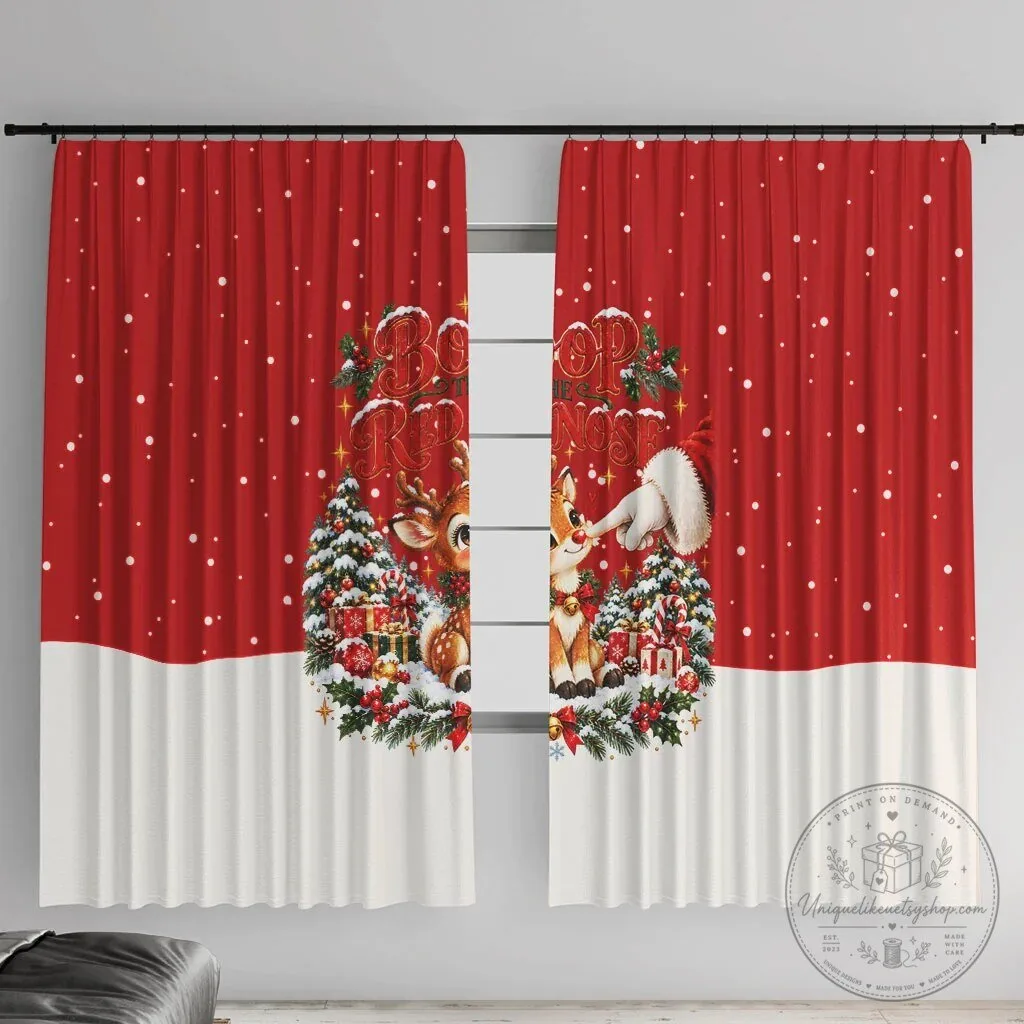 Cute Reindeer Boop Christmas Window Curtain The Red Nose Festive Vintage Winter Snow