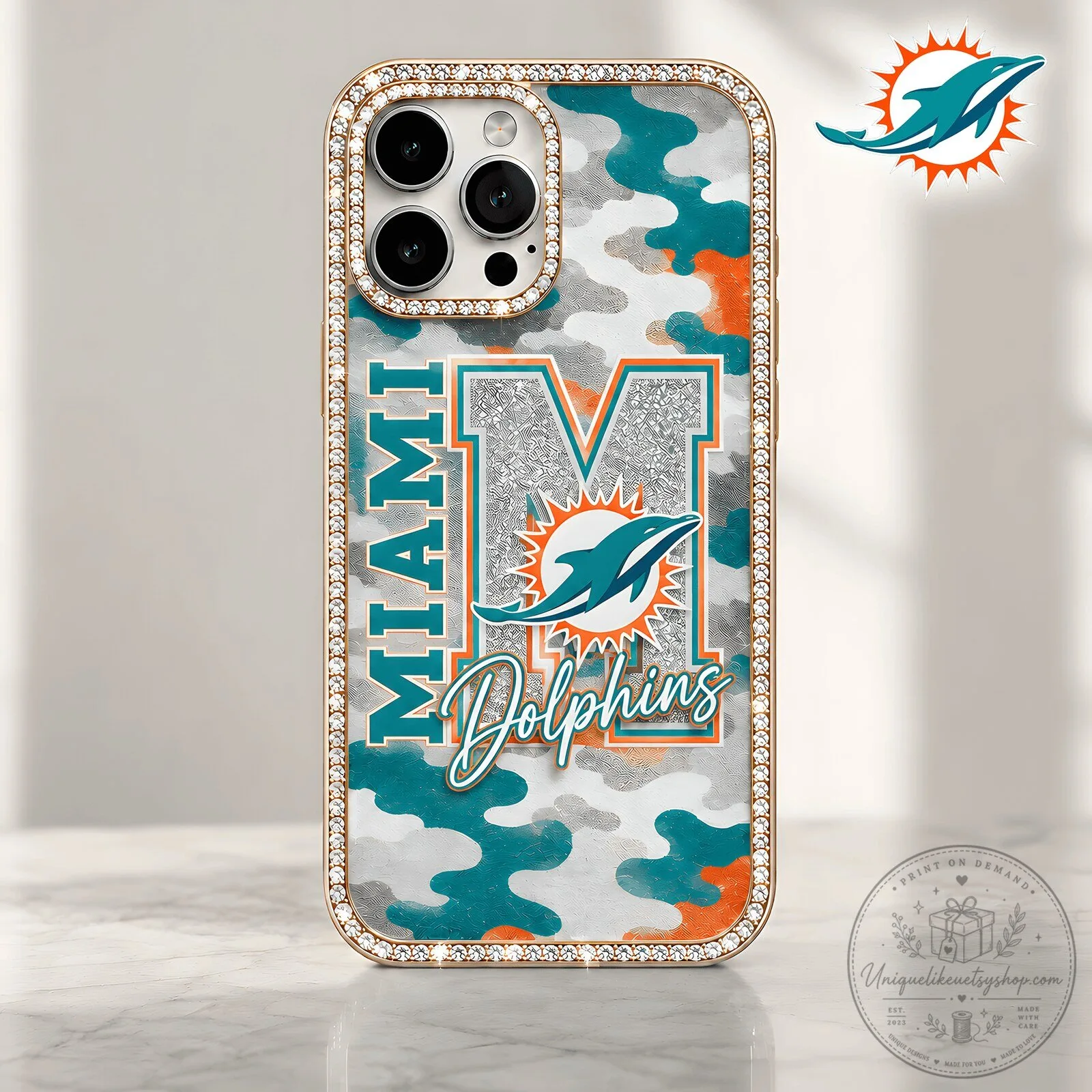 Miami Dolphins NFL Team Camouflage Bling Luxury Phone Case for iPhone