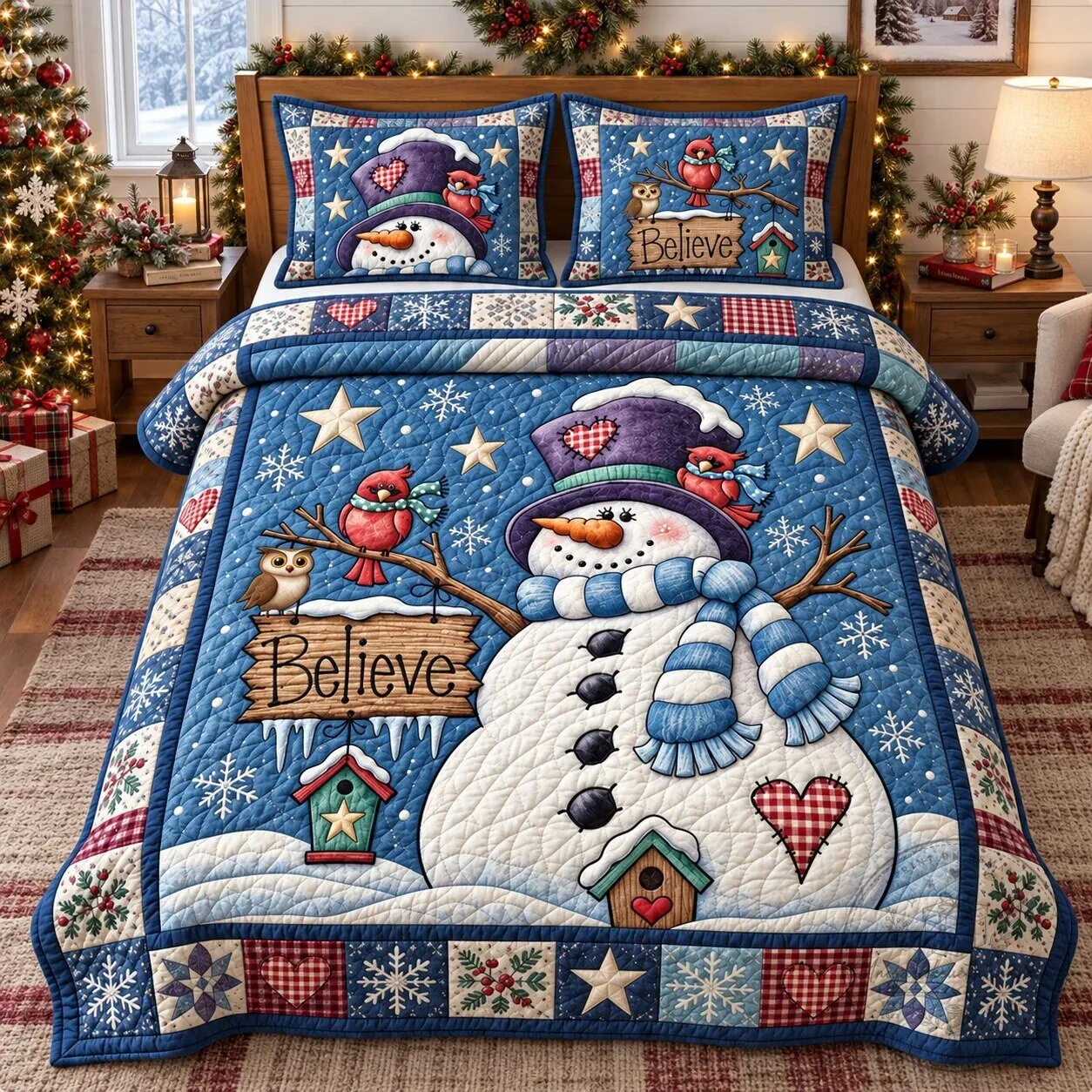 Believe In Snowman Magic Christmas Holiday Quilted Bedding Set