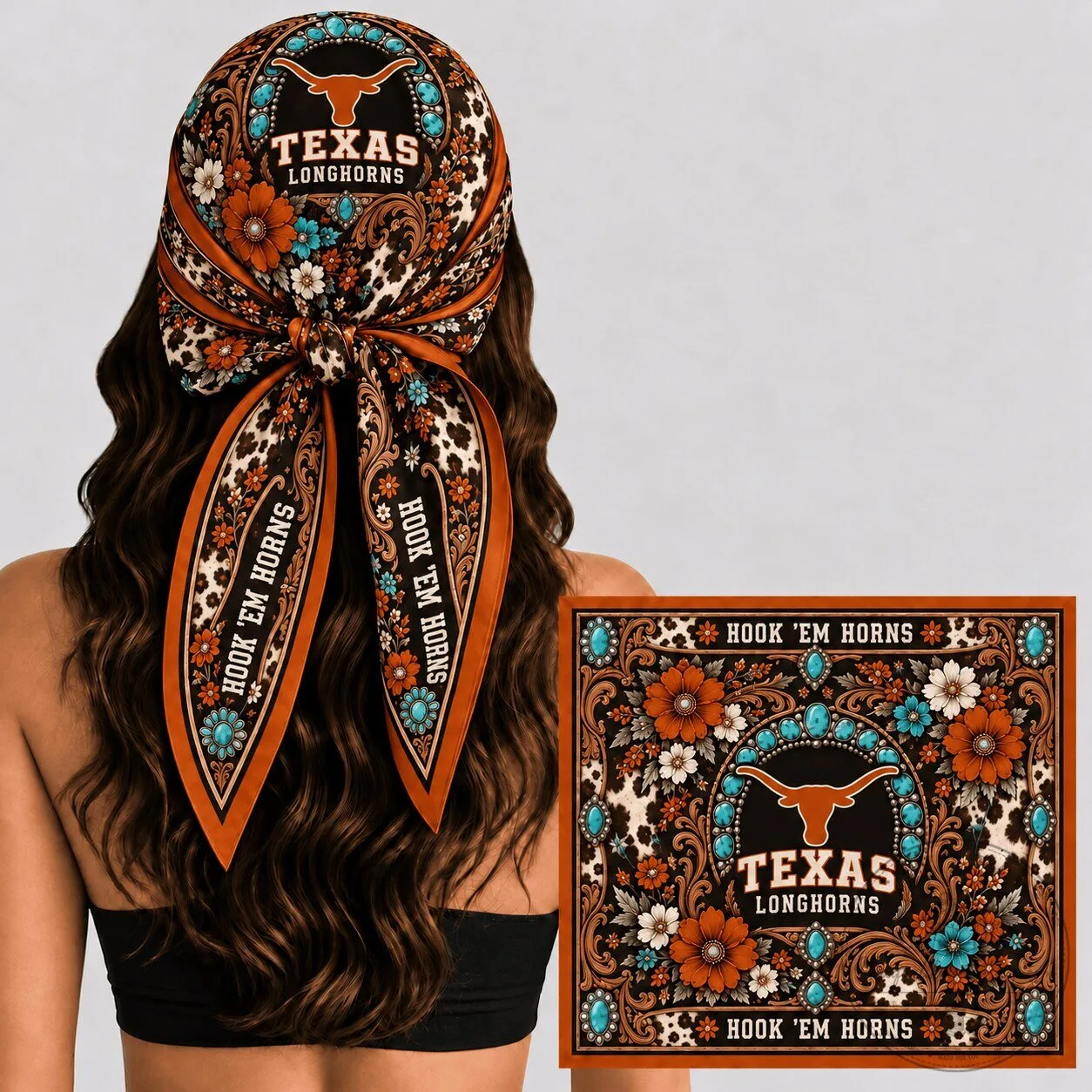 Texas Longhorns Hook 'Em Horns Western Boho Floral Silk Bandana Scarf