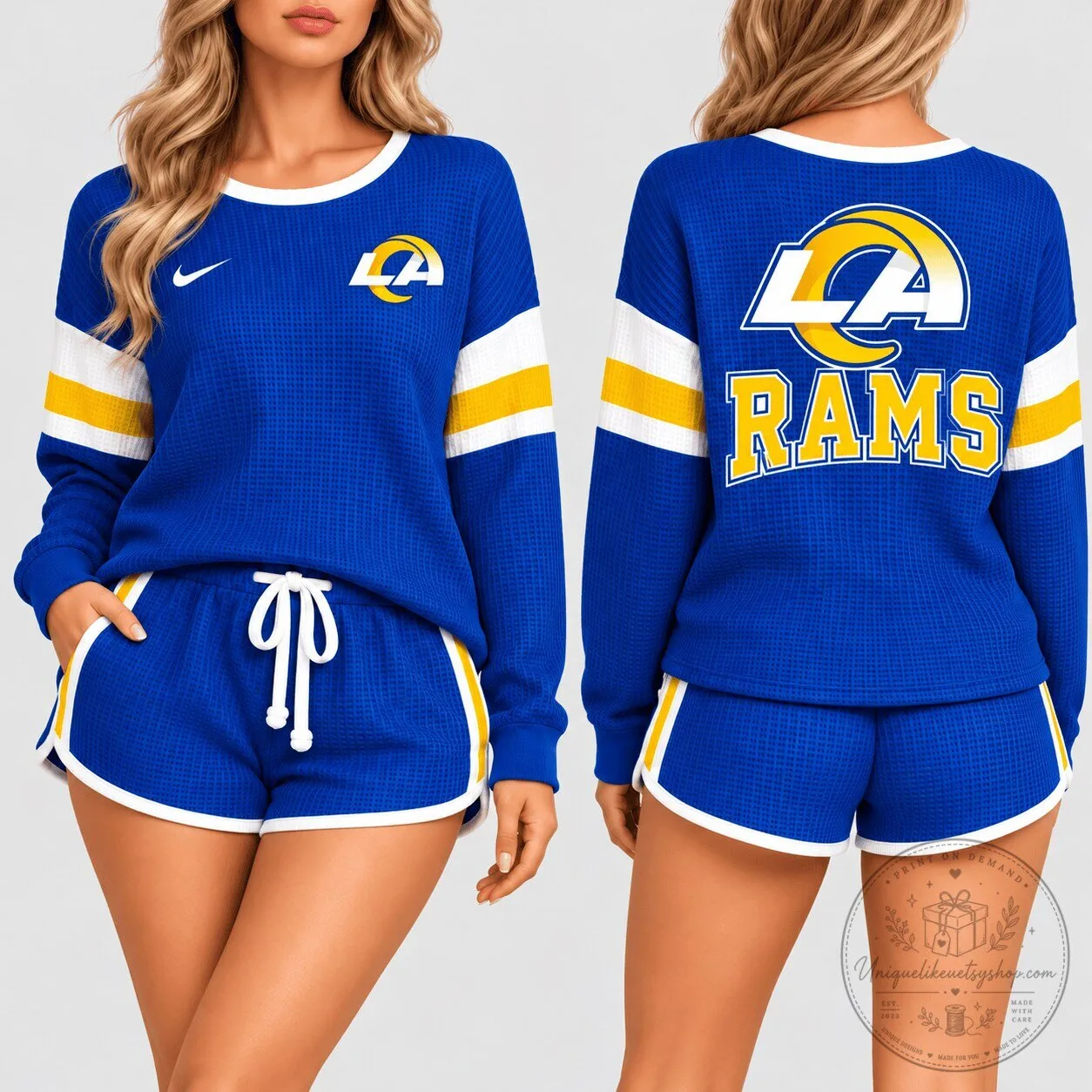 Los Angeles Rams Women's Blue Waffle Knit Long Sleeve Shirt and Shorts Set
