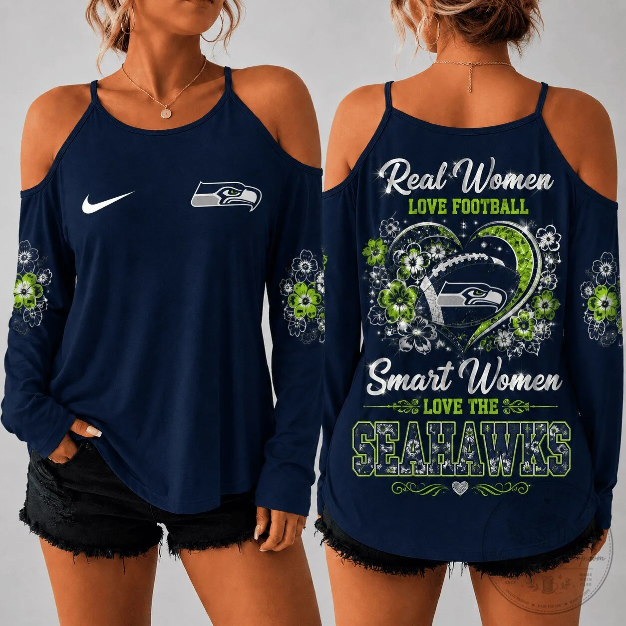 Seattle Seahawks Women's Cold Shoulder Long Sleeve Football Fan Shirt