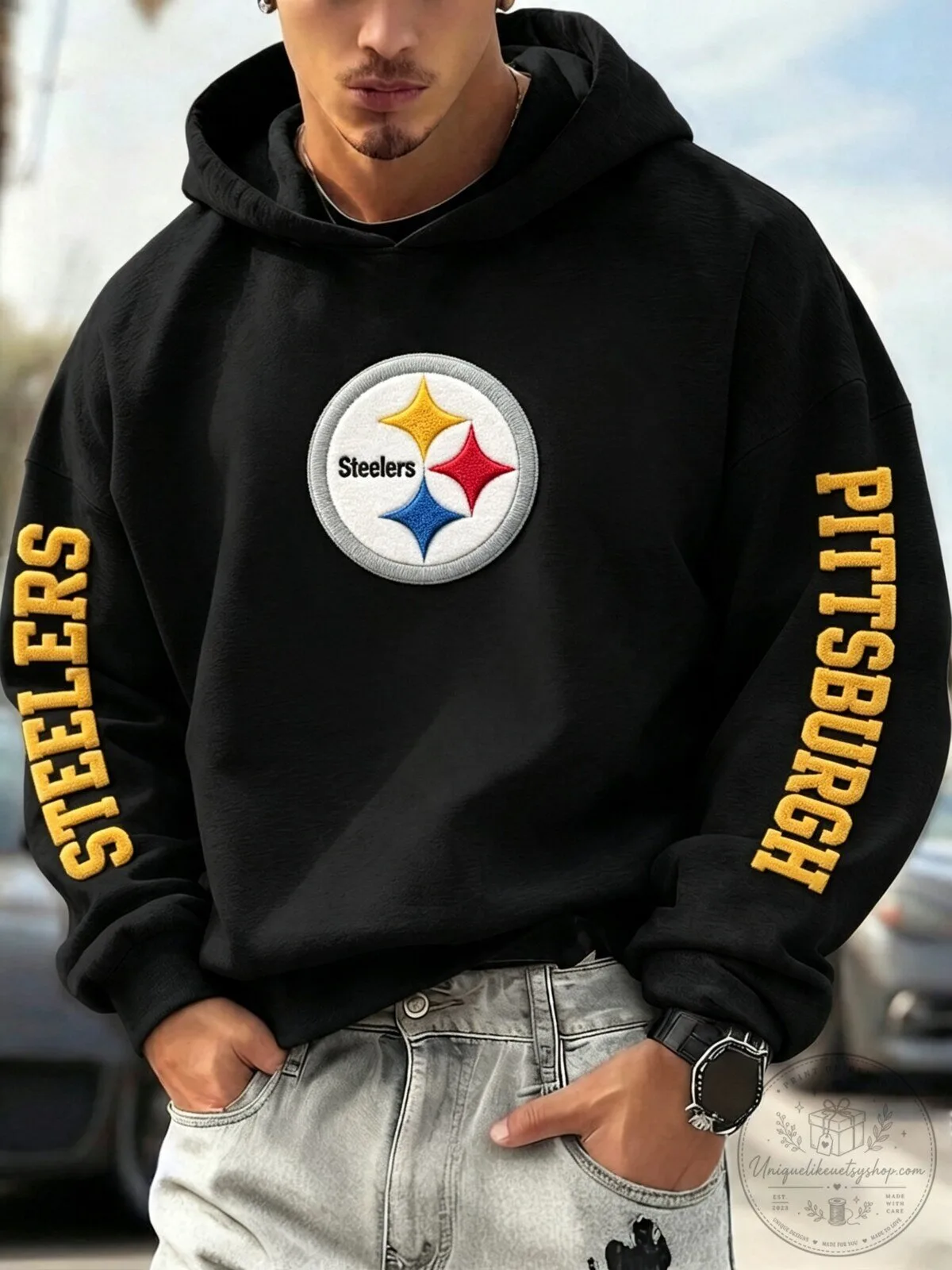 Pittsburgh Steelers Football Team Embroidered Logo Black Hoodie for Men