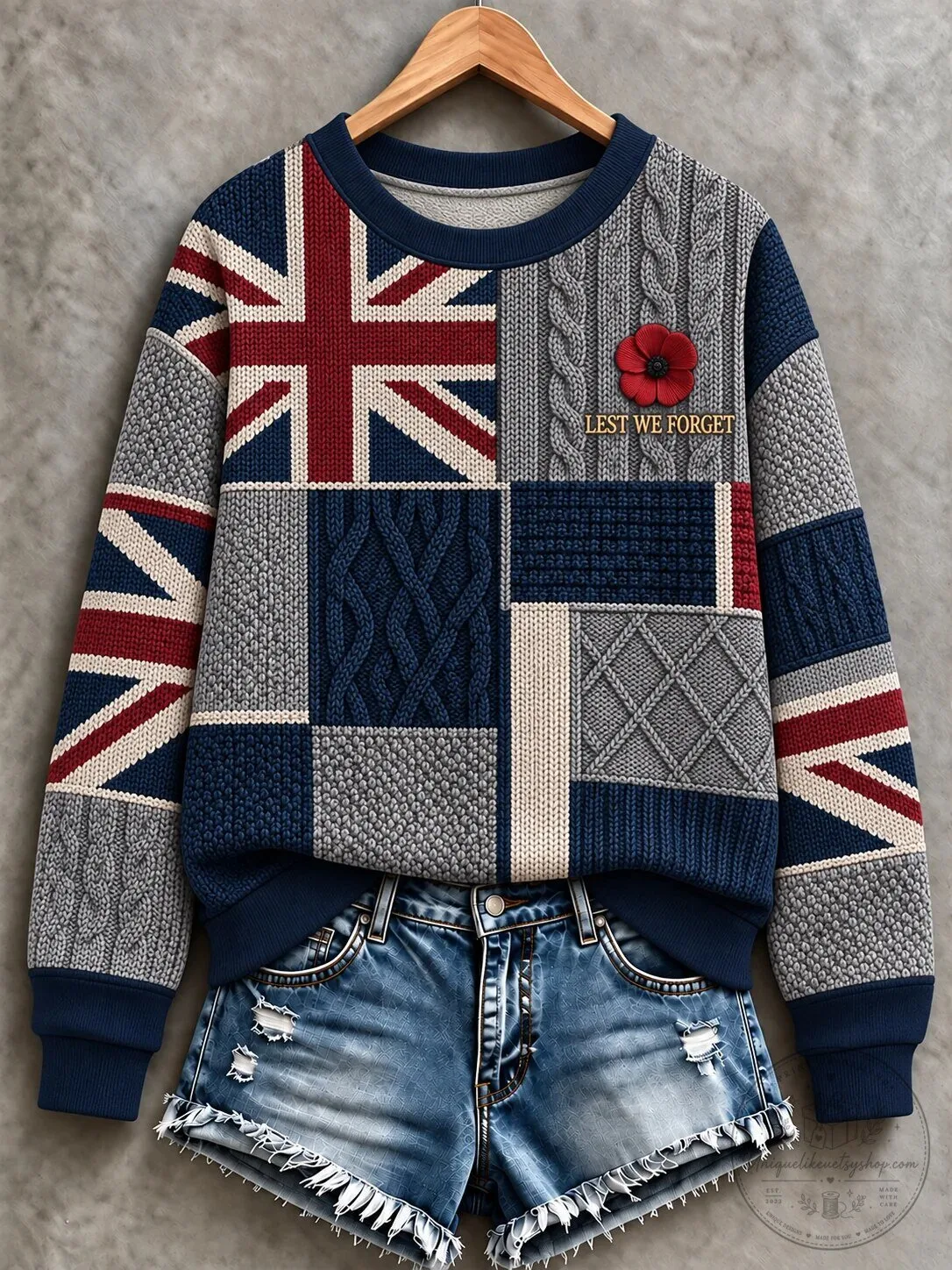 Union Jack Lest We Forget Remembrance Day Patchwork Knitted Sweatshirt