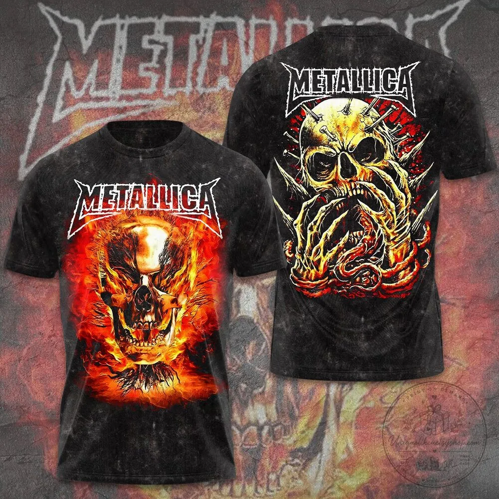 Metallica Flaming Skull Heavy Metal Band Graphic Print Black T-Shirt