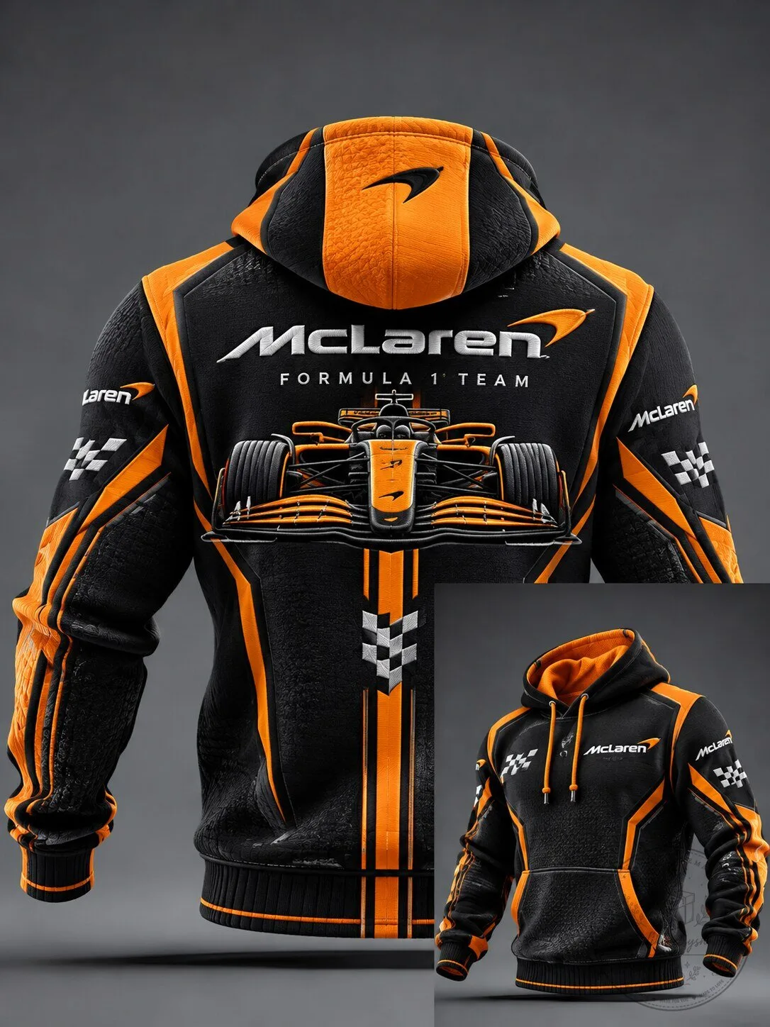 McLaren Formula 1 Team Racing Car Black and Orange Pullover Hoodie
