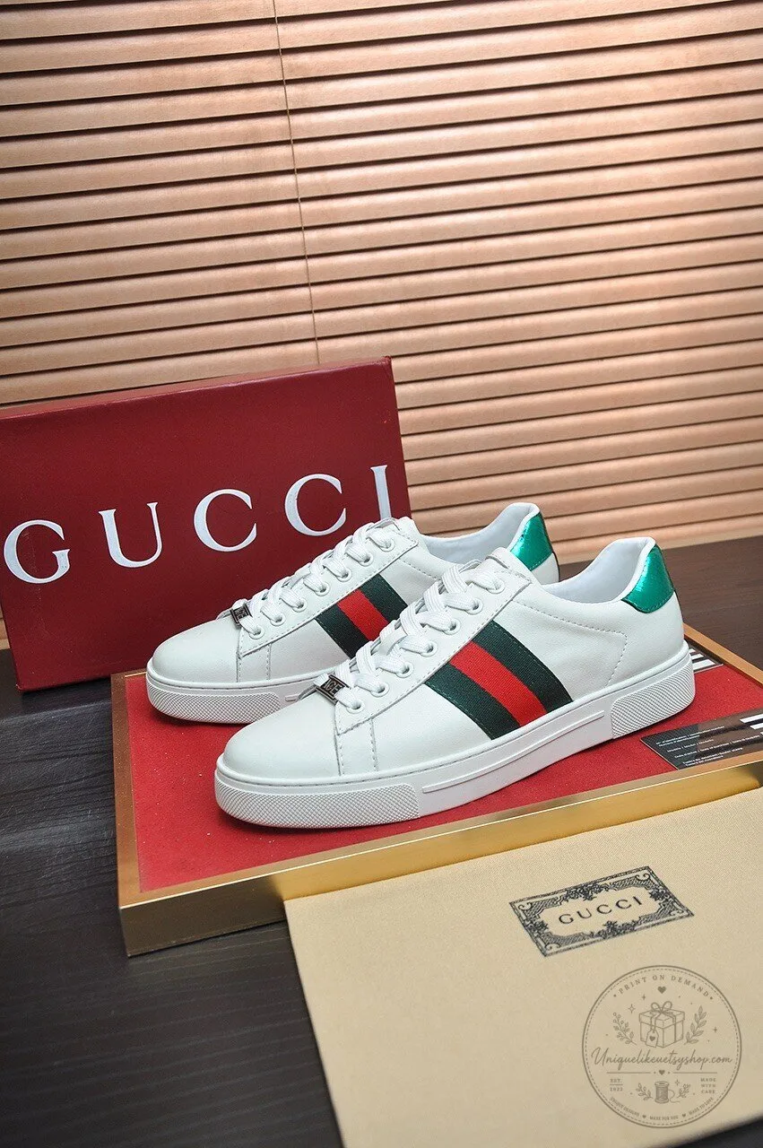 Ace Sneakers in White Leather by Gucci Featuring Green and Red Web Stripe