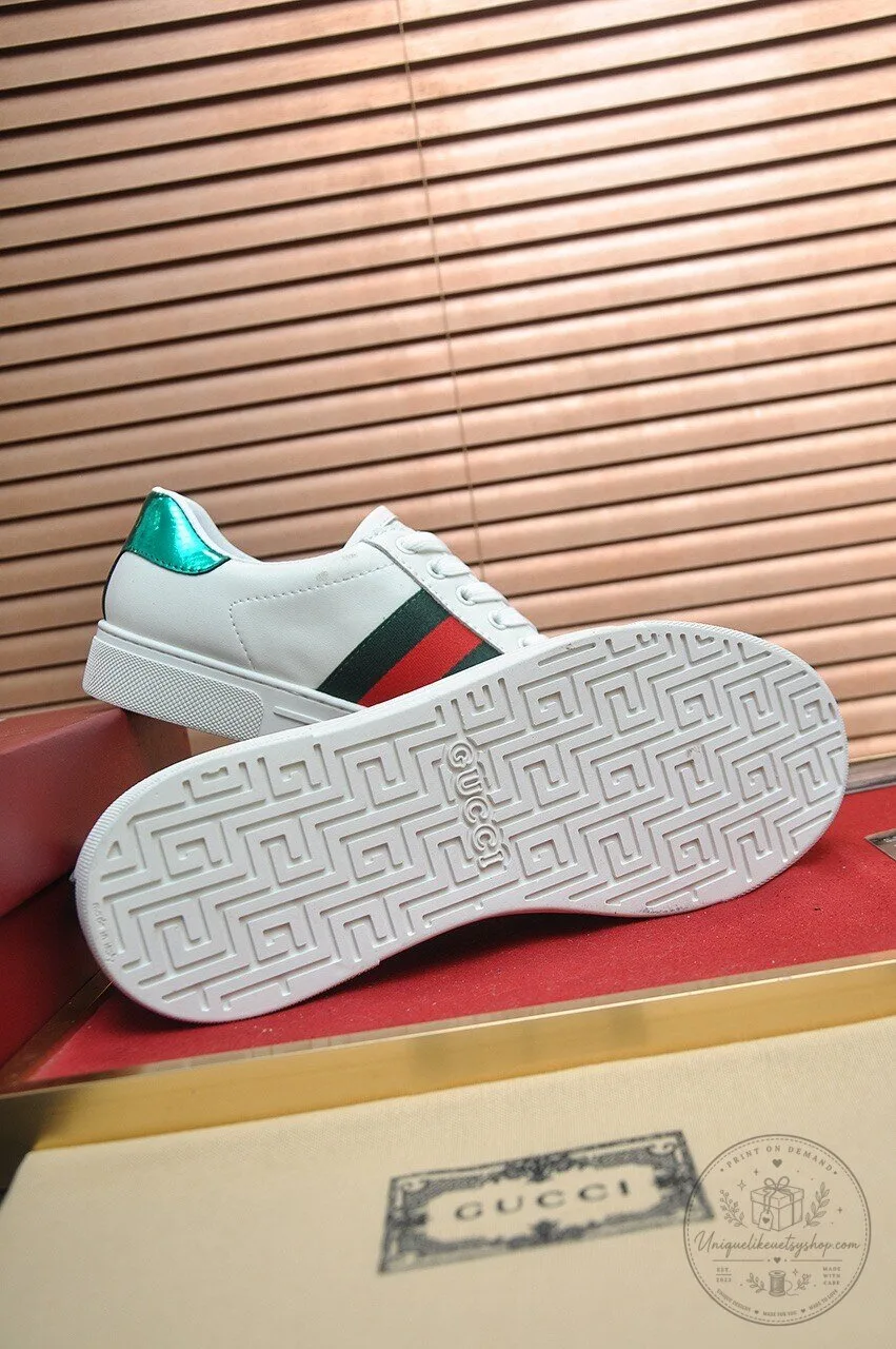 Ace Sneakers in White Leather by Gucci Featuring Green and Red Web Stripe 9 Ace Sneakers in White Leather by Gucci Featuring Green and Red Web Stripe