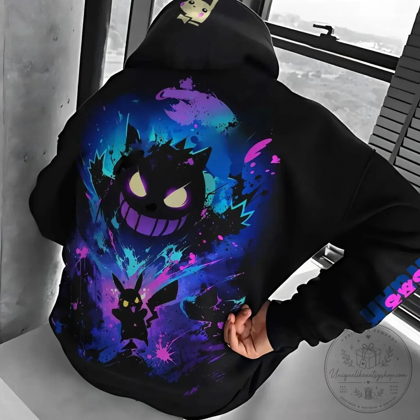 Pokemon Gengar and Pikachu Purple Splatter Art Unisex Hoodie