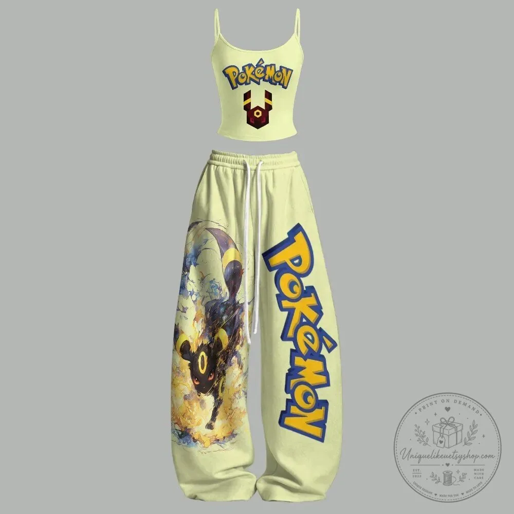 Pokemon Umbreon Anime Cartoon Character Graphic Print Two Piece Tank Top and Pants Set
