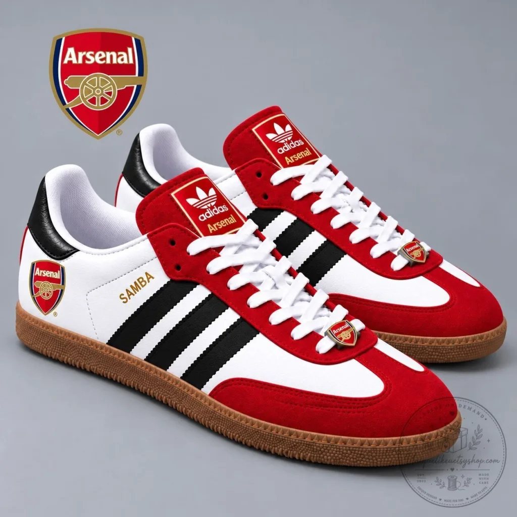 Arsenal Football Club Team Emblem Red and White Samba Style Casual Shoes Arsenal Football Club Team Emblem Red and White Samba Style Casual Shoes