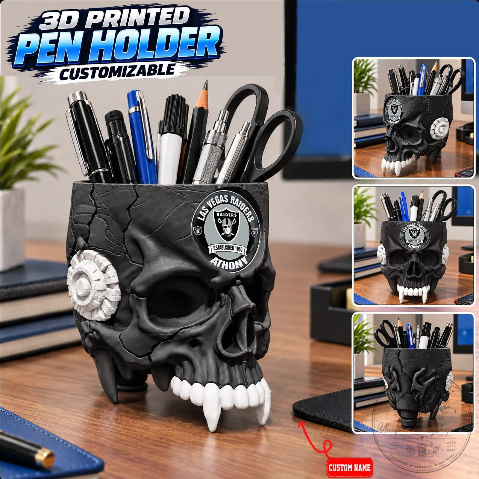 Las Vegas Raiders Football Team Skull Pen Holder
