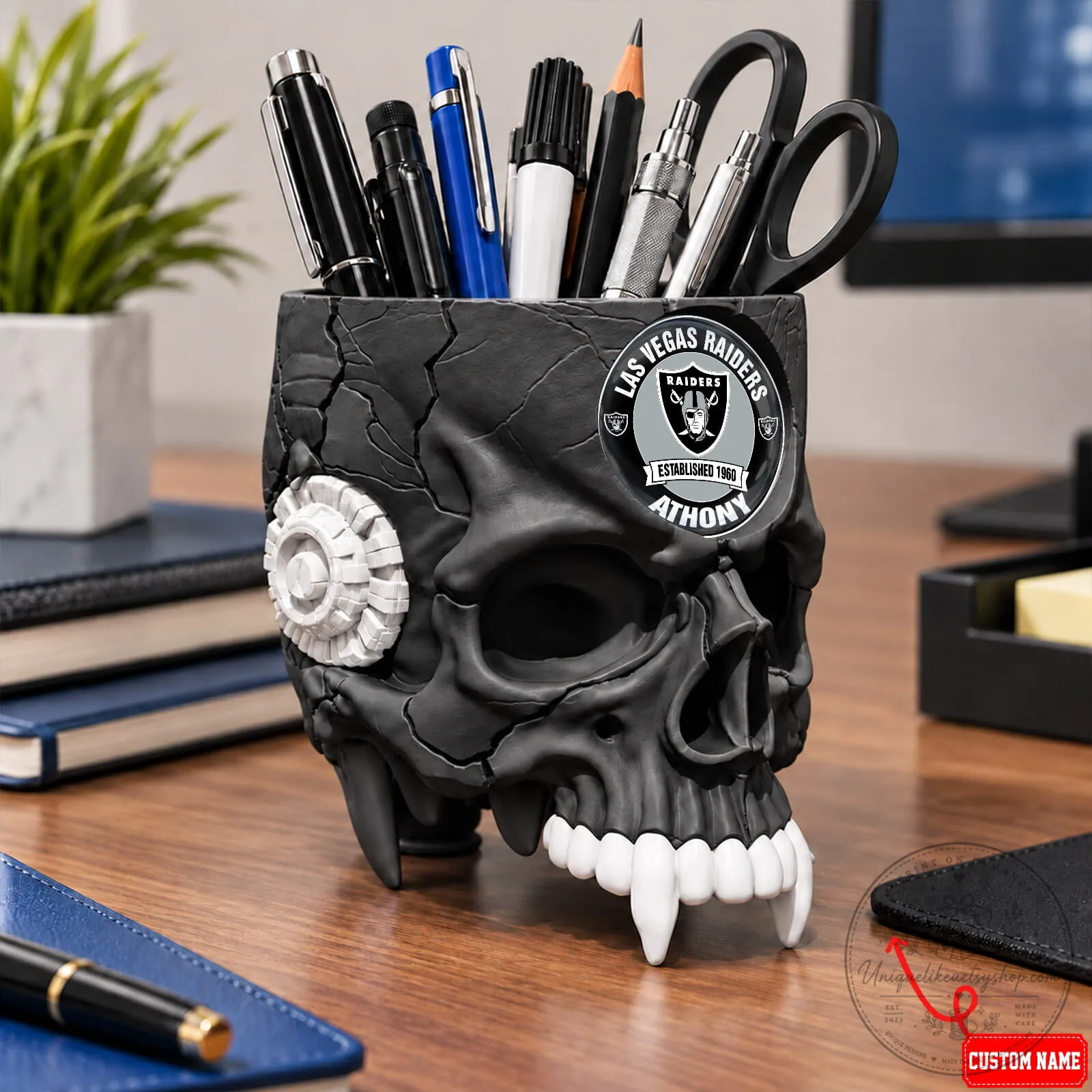 Las Vegas Raiders Football Team Skull Pen Holder 6 Las Vegas Raiders Football Team Skull Pen Holder