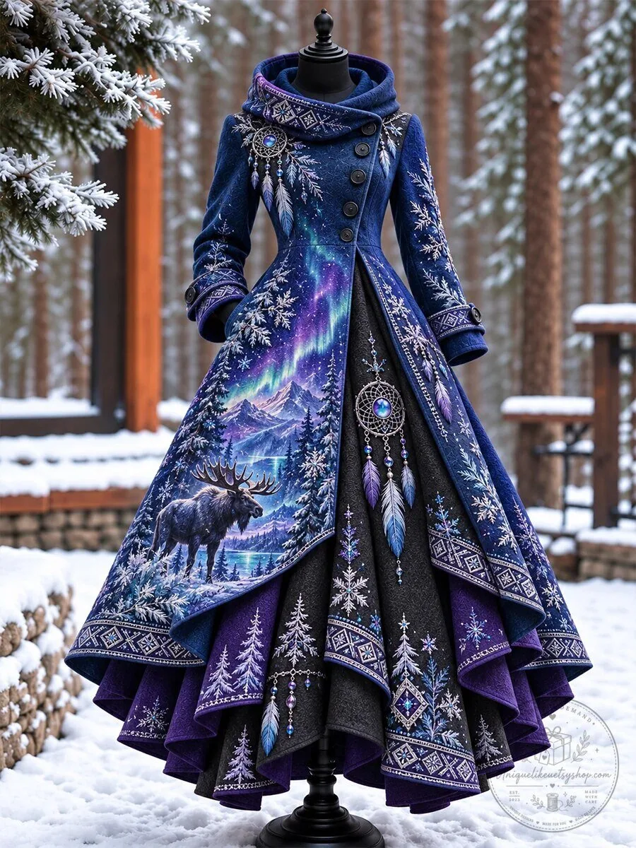 Nordic Moose Aurora Borealis Winter Forest Women's Long Coat Jacket